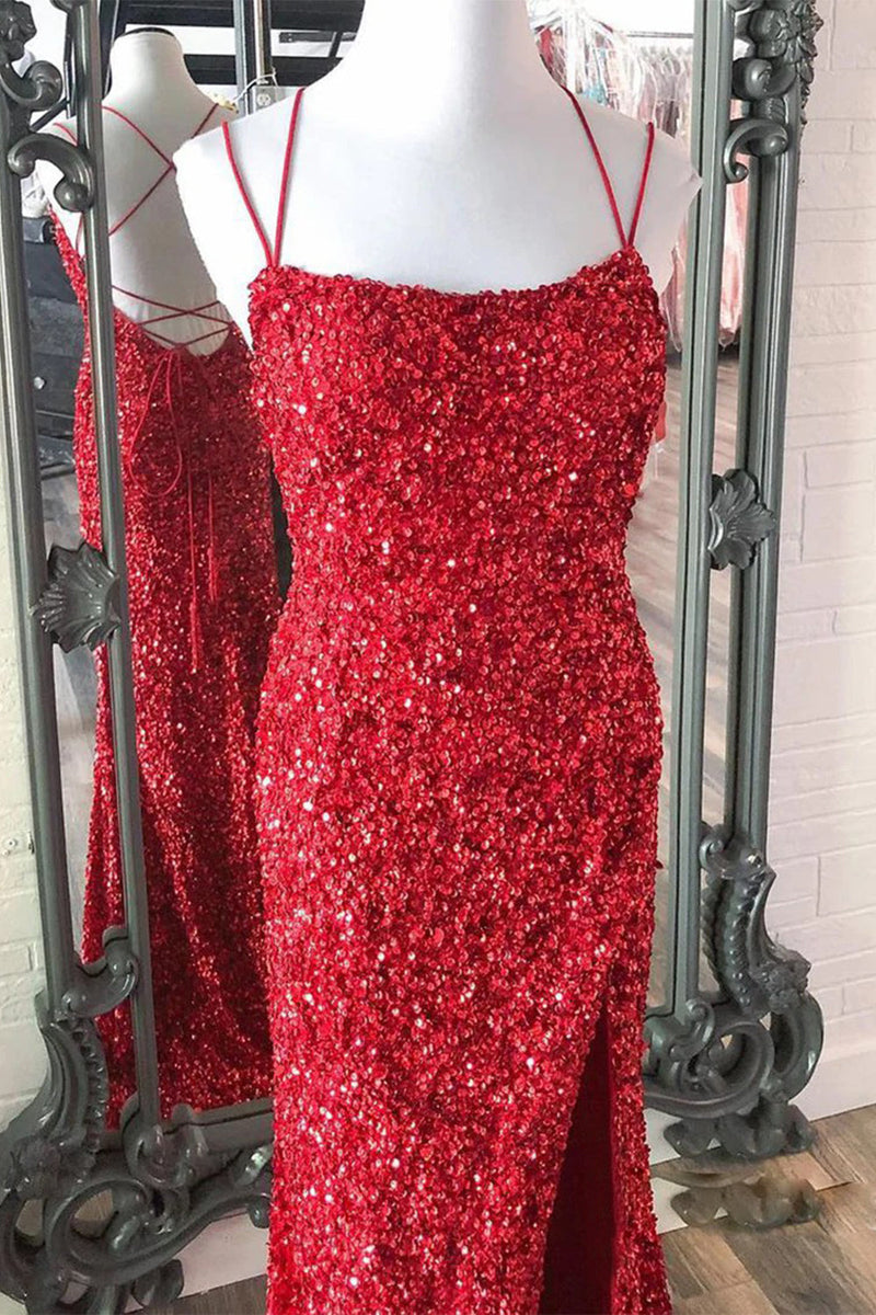 Load image into Gallery viewer, Mermaid Red Sequins Long Prom Dress with Slit