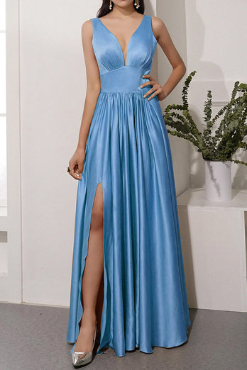 Champagne Satin Long Prom Dress with Slit