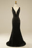 Load image into Gallery viewer, Elegant Deep V Neck Glitter Rhinestone Black Lace Long Prom Dress