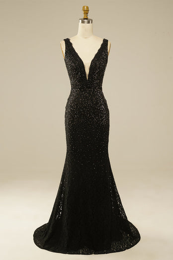 Elegant Deep V Neck Glitter Rhinestone Black Lace Long Prom Dress