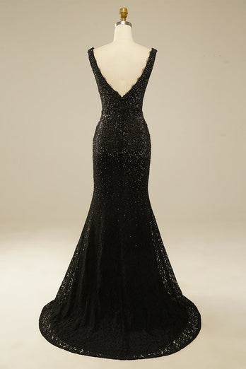 Elegant Deep V Neck Glitter Rhinestone Black Lace Long Prom Dress