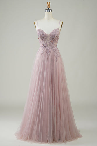 Sparkly Blush A-Line Tulle Long Prom Dress with Lace