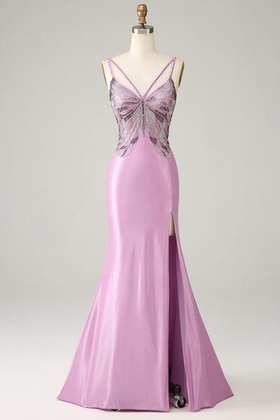 Purple Mermaid Backless Spaghetti Straps Butterflies Prom Dress