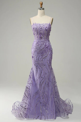 Elegant Purple Mermaid Spaghetti Straps Long Prom Dress With Beaded Appliques