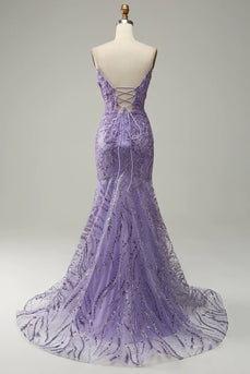 Elegant Purple Mermaid Spaghetti Straps Long Prom Dress With Beaded Appliques