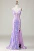 Load image into Gallery viewer, Sparkly Mermaid Spaghetti Straps Purple Corset Prom Dress with Slit