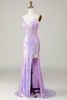 Load image into Gallery viewer, Sparkly Mermaid Spaghetti Straps Purple Corset Prom Dress with Slit