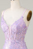 Load image into Gallery viewer, Sparkly Mermaid Spaghetti Straps Purple Corset Prom Dress with Slit