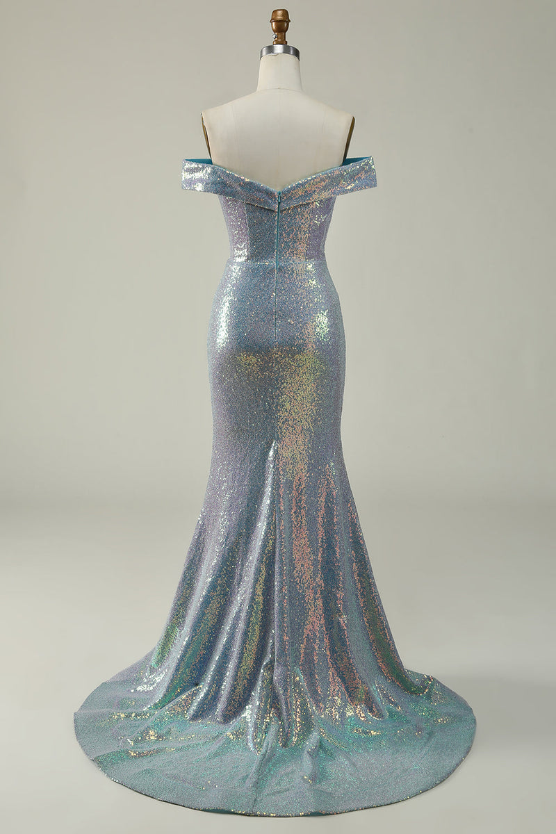 Load image into Gallery viewer, Mermaid Blue Sparkly Off the Shoulder Prom Dress With Slit