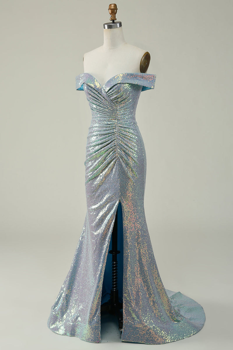 Load image into Gallery viewer, Mermaid Blue Sparkly Off the Shoulder Prom Dress With Slit