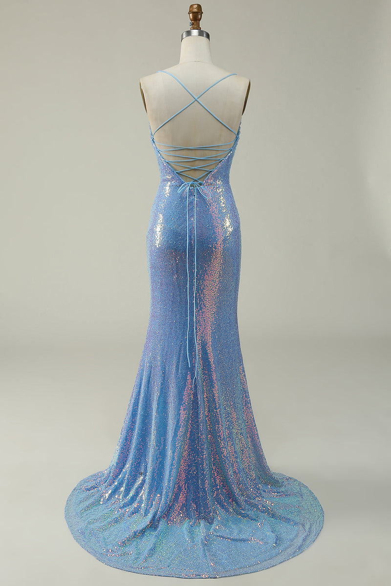 Load image into Gallery viewer, Blue Sequined Spaghetti Straps Mermaid Prom Dress