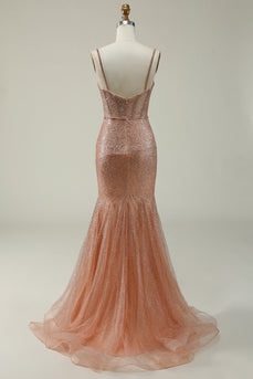 Mermaid Spaghetti Straps Blush Sequins Long Prom Dress