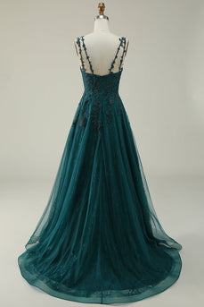 A Line Spaghetti Straps Dark Green Long Prom Dress with Appliques